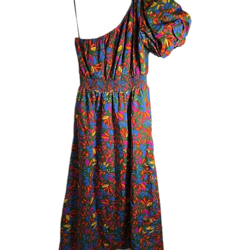 Floral One Shoulder Midi Dress Puff Sleeve Summer Resort XS - Picture 8 of 10